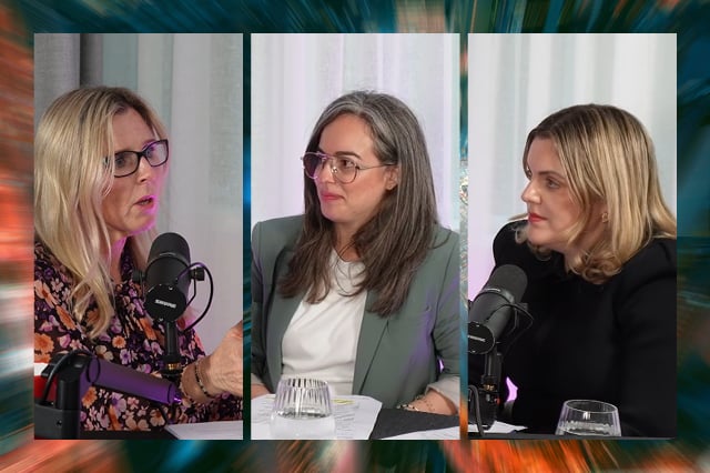 ASIC Commissioner Simone Constant speaking into a microphone to Allens partners Valeska Bloch and Kate Austin